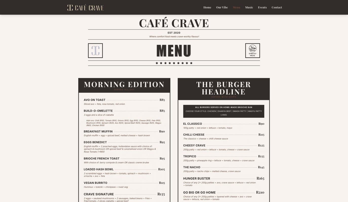 Cafe Crave menu page