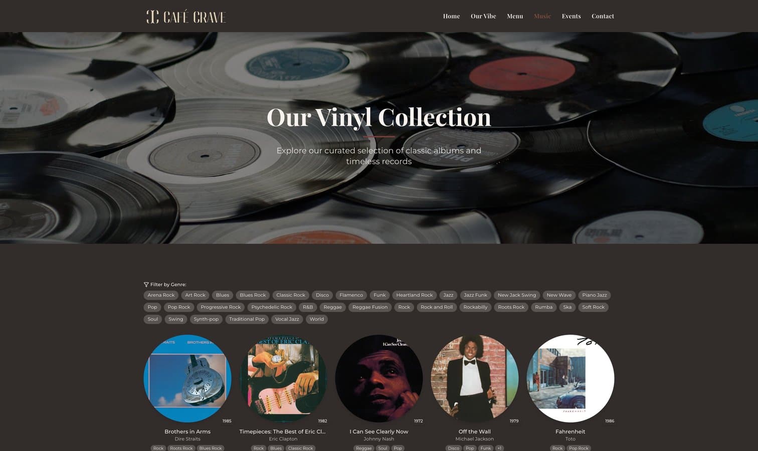 Cafe Crave vinyl music collection page